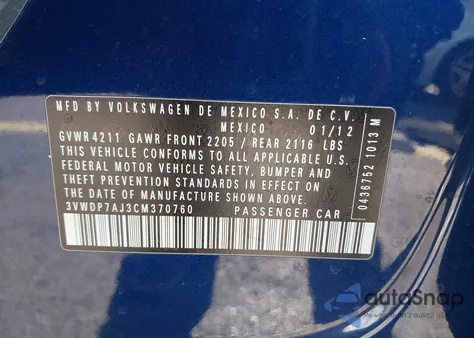 2012 Volkswagen Jetta 2.5L Se from USA, damaged, VIN 3VWDP7AJ3CM370760